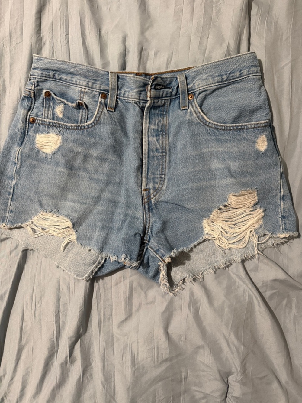 501 Levi's Light Blue Distressed Cutoff Denim Shorts